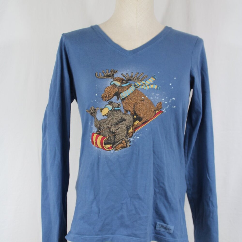 Life is Good Women's Crusher Tee Size XS Winter Joy Ride Sled Moose Bear Blue